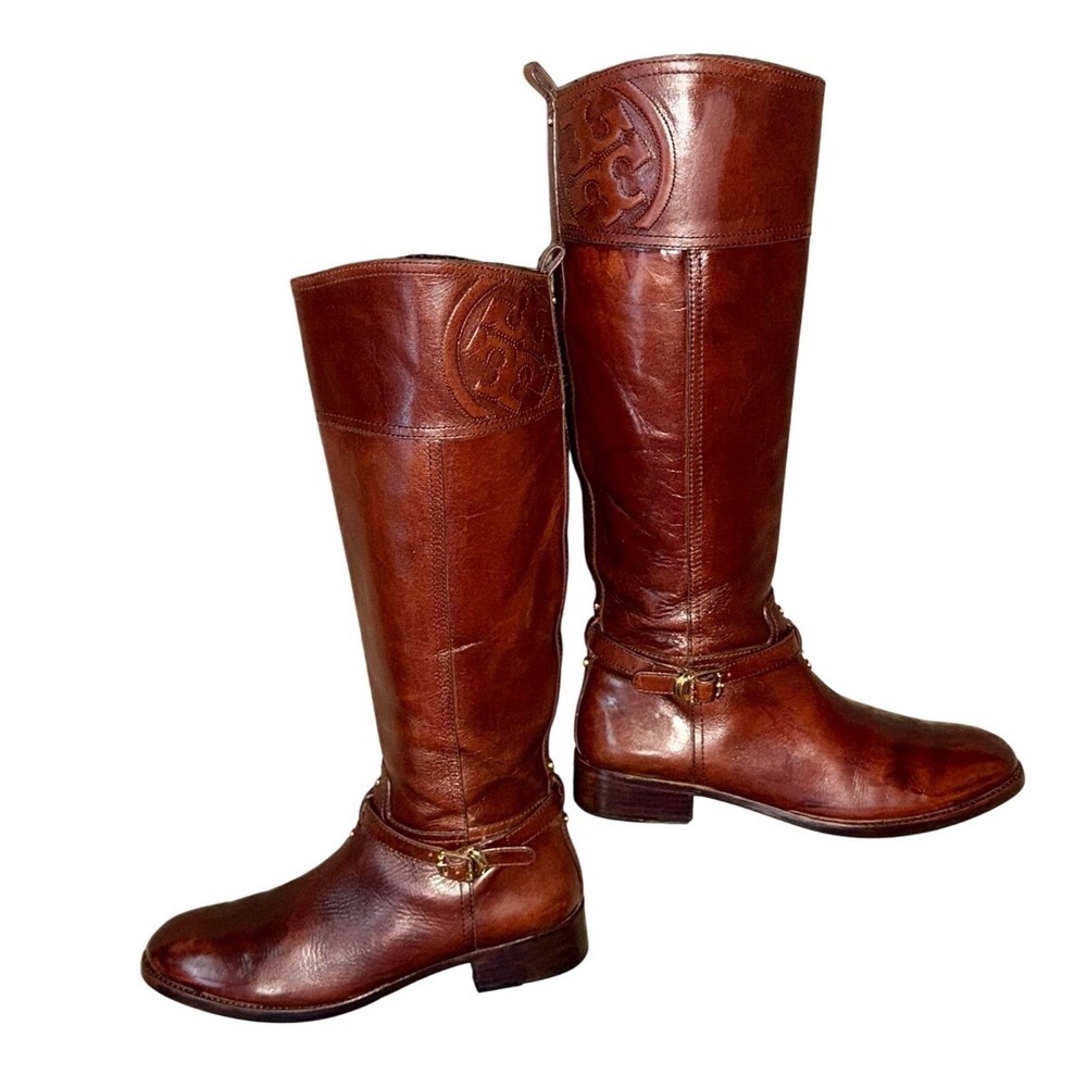 TORY BURCH Brown Leather Tall Riding Equestrian Boots Gold Hardware | Sz 10.5M - Picture 2 of 13
